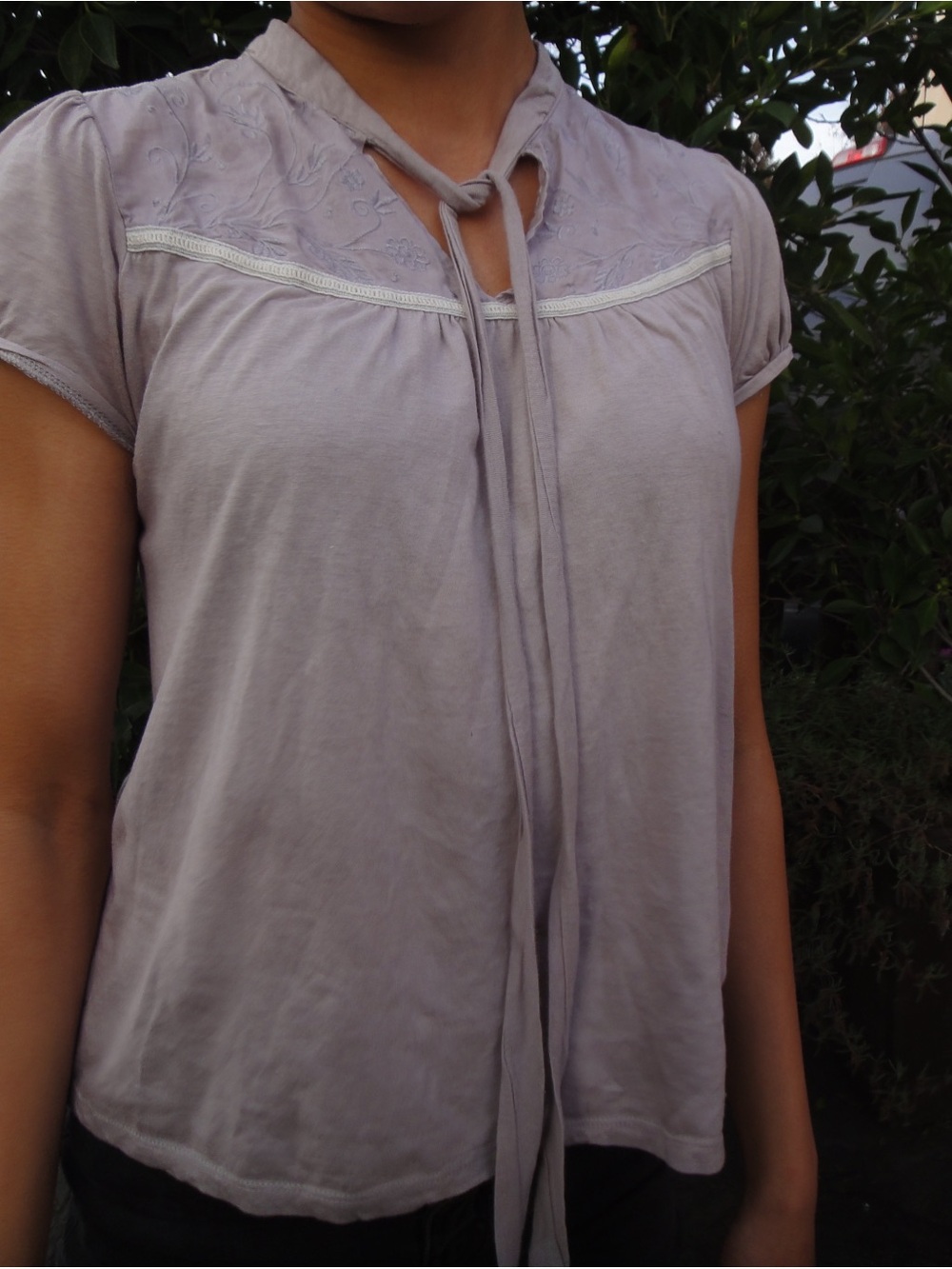 Forever 21 Lavender Tie-Neck Short Sleeve Blouse